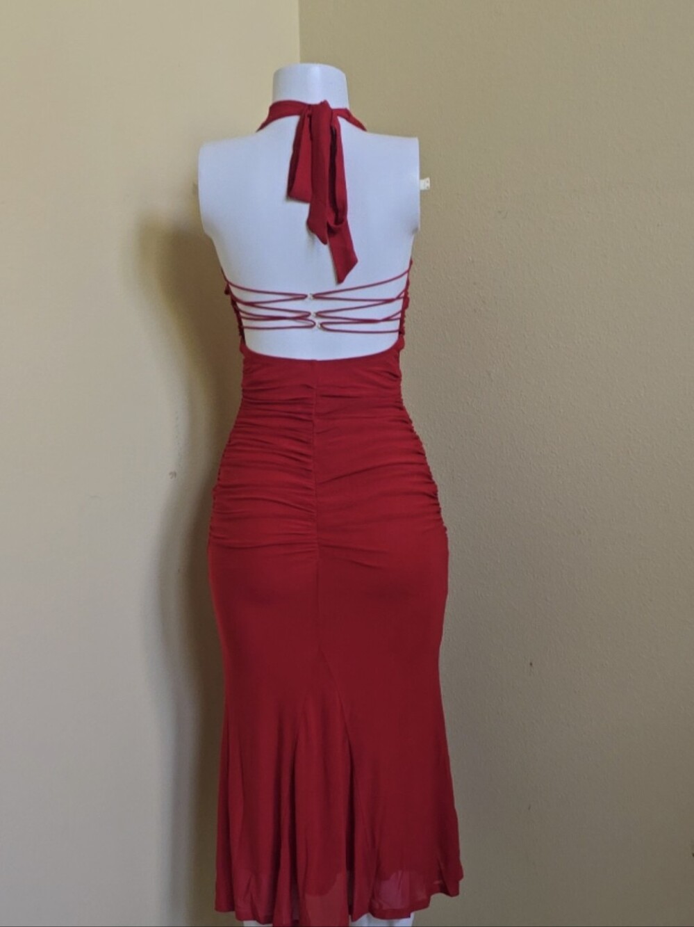 Red Strappy Back Ruched Midi Dress